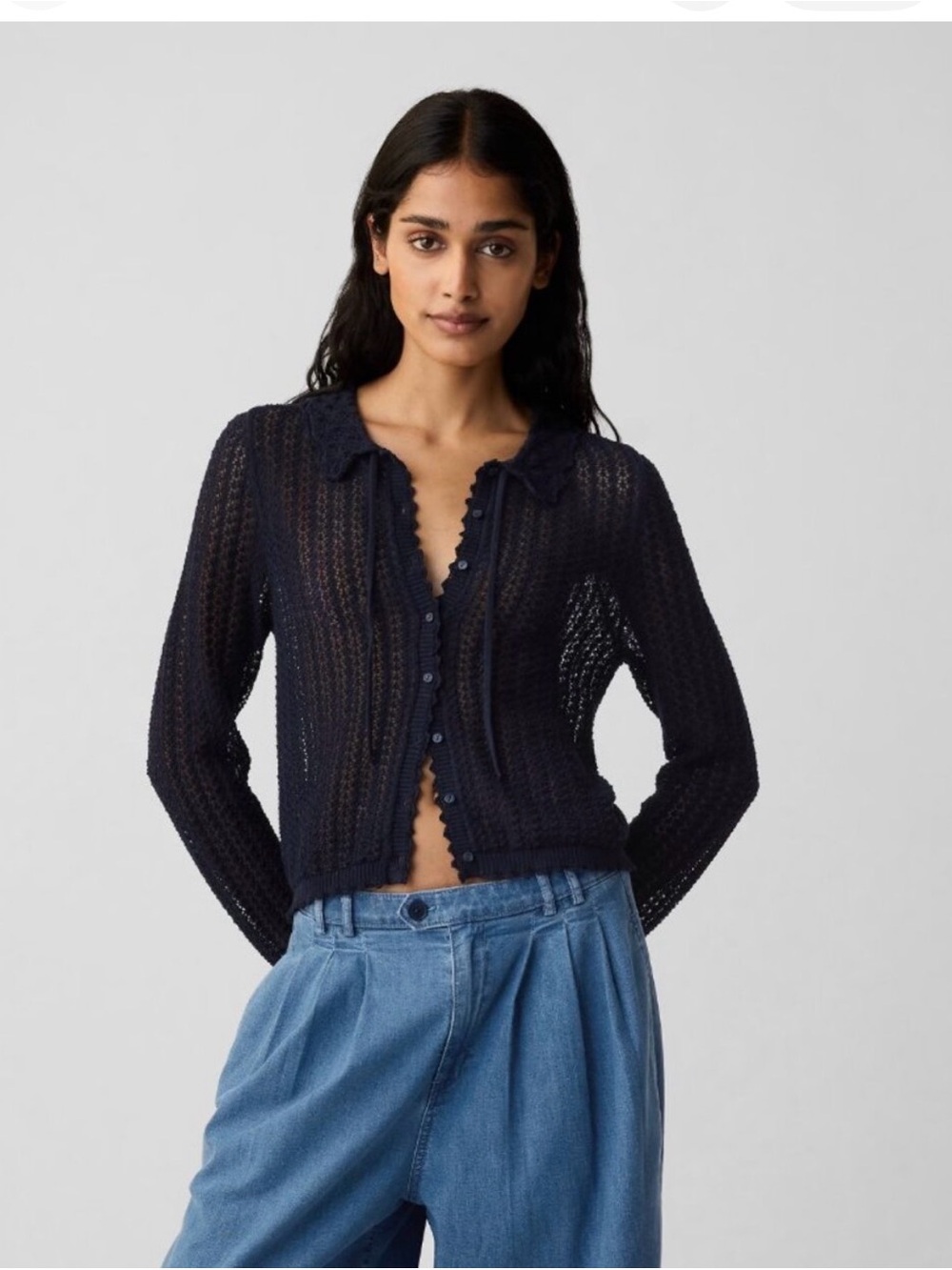 Lightweight Navy Crochet Button-Front Top